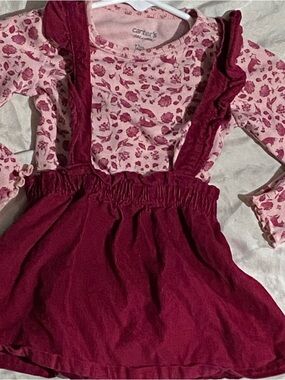 Carter's Pink Floral Bodysuit with Burgundy Corduroy Suspender Skirt 12 Months